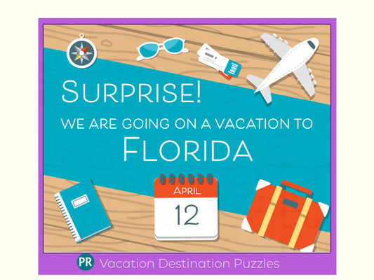 Airplane Vacation Destination jigsaw puzzle reveal. This puzzle has images of airplane, suitcase, sunglasses, compass and calendar for the travel date. The puzzle also has a personalized message about the trip itinerary.