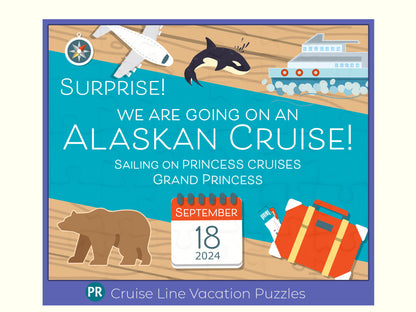 Alaskan Cruise Vacation Announcement in this 30 piece jigsaw puzzle. Water background, suitcase, compass, whale and brown bear, and a blue cruise ship with calendar for travel date.