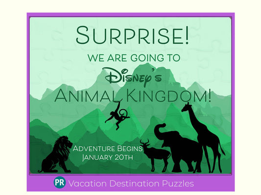 Going to visit a zoo? This colorful jigsaw puzzle is the perfect gift to give to announce your trip. The puzzle has colorful green mountains and different zoo animals with a custom message about your trip.