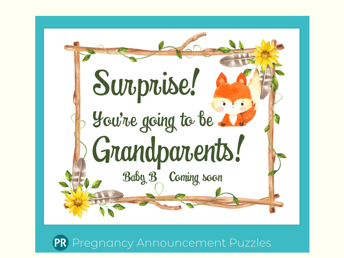 Baby is coming jigsaw puzzle announcement. Gift to give to grandparents or family members. Puzzle has a nature flower and leaves background with baby fox and a custom message about baby's name and when expected to arrive.