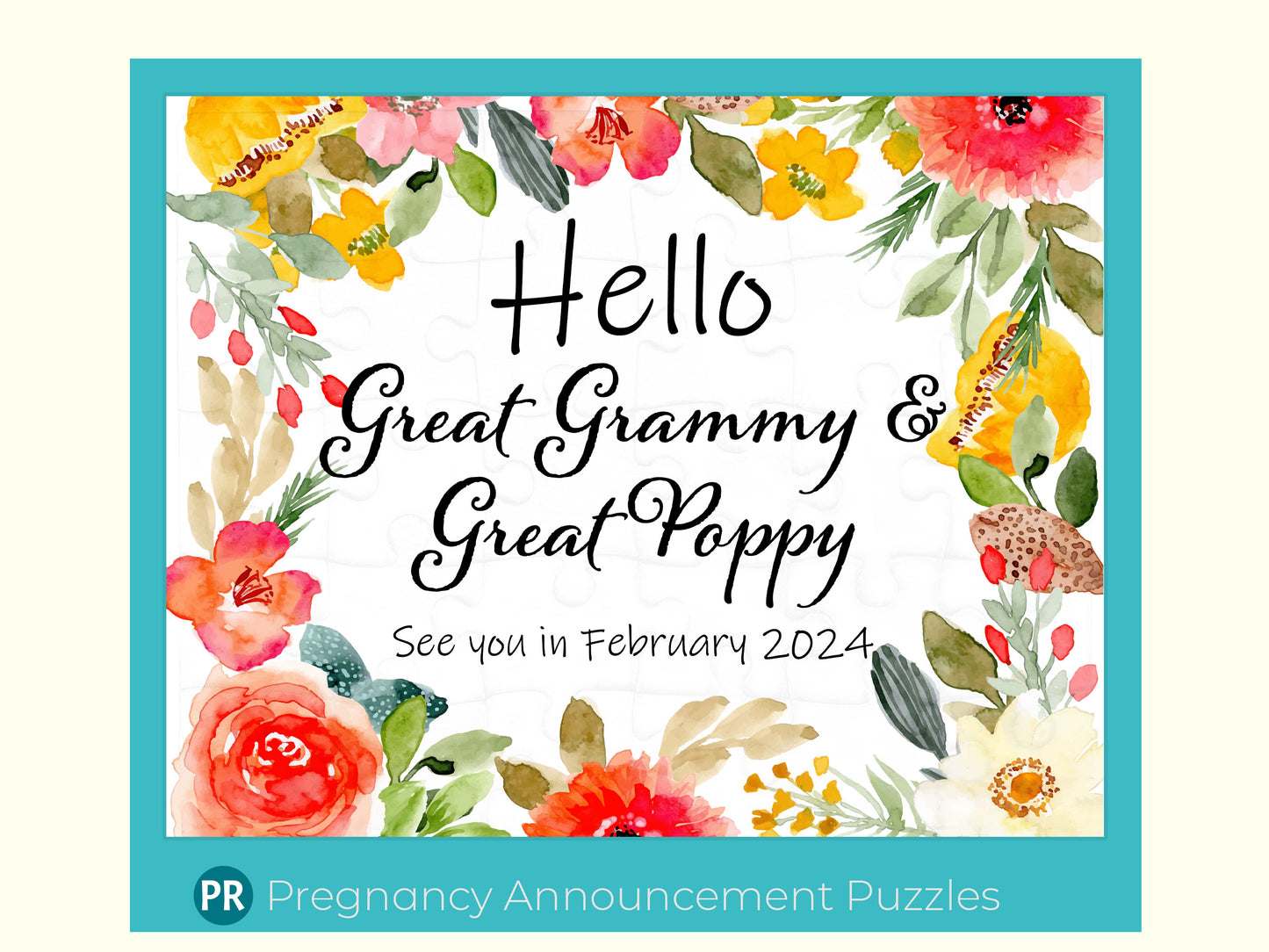 Baby is coming jigsaw puzzle announcement. Gift to give to grandparents or family members. Puzzle has a floral frame background and a custom message with to whom the puzzle is given and when expected to arrive.