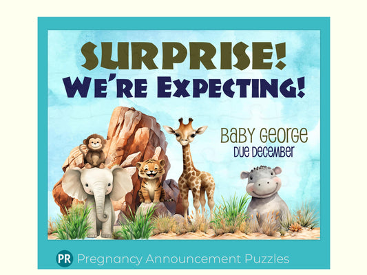 Baby is coming jigsaw puzzle announcement. Gift to give to grandparents or family members. Puzzle has a safari with big rock background with different baby animals, hippo, giraffe, tiger, monkey and elephant. A custom message about baby's name and when expected to arrive.