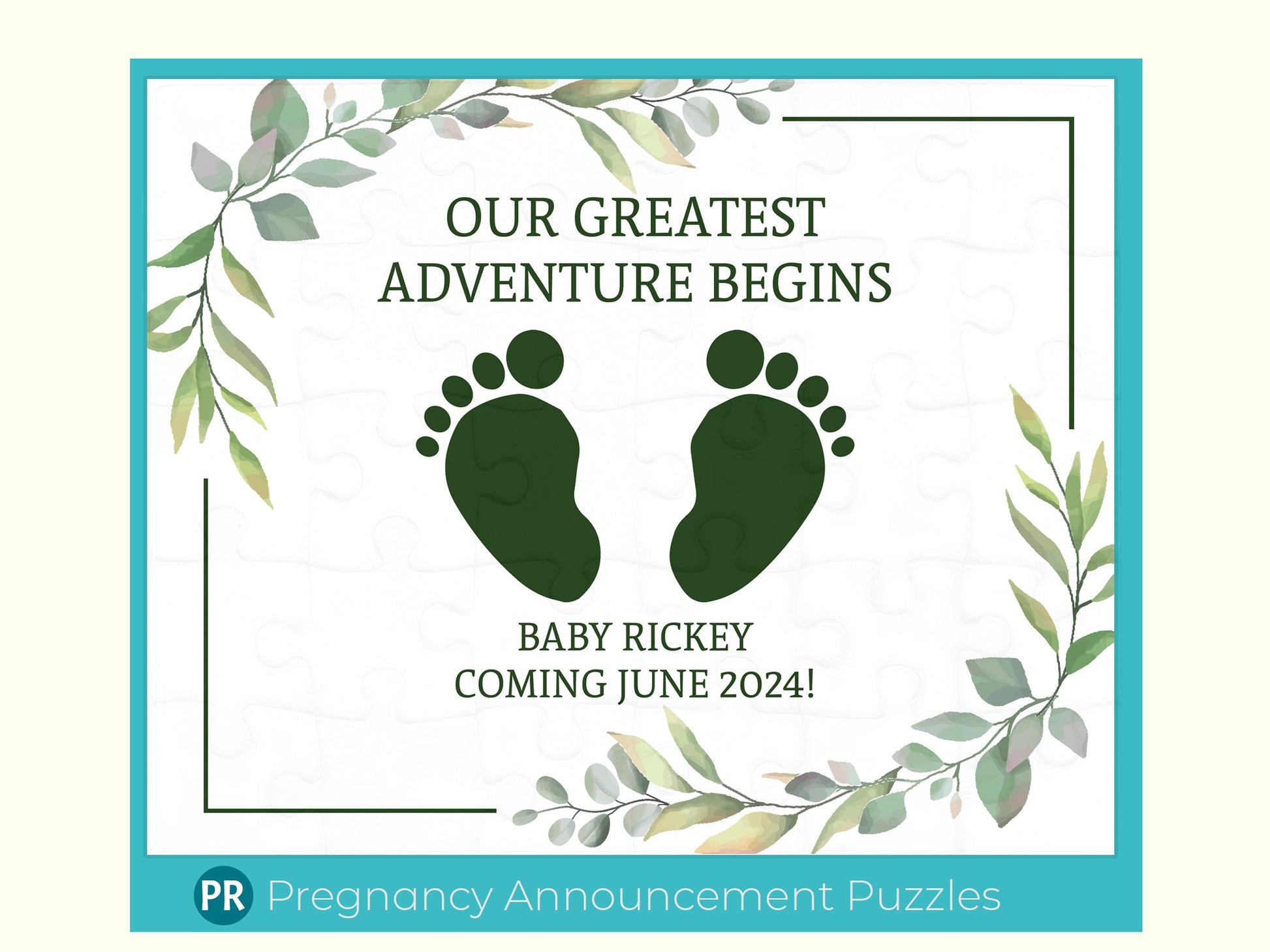 Baby is coming jigsaw puzzle announcement. Gift to give to grandparents or family members. Puzzle has a nature leaves background with baby feet in middle and a custom message about baby's name and when expected to arrive.