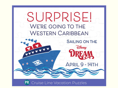 Disney Cruise jigsaw puzzle reveal. The puzzle is used as a gift for someone to announce they are going on a Disney Cruise. The puzzle has an ocean theme with a cruise ship on it and the message is about the trip.