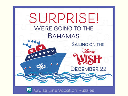 Surprise Disney Cruise Family Vacation Puzzle Reveal with Custom Message, Sailing on the Wish, Dream, Wonder, Fantasy, Treasure, and Magic
