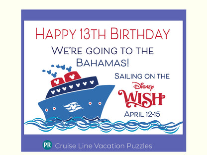 Surprise Disney Cruise Family Vacation Puzzle Reveal with Custom Message, Sailing on the Wish, Dream, Wonder, Fantasy, Treasure, and Magic