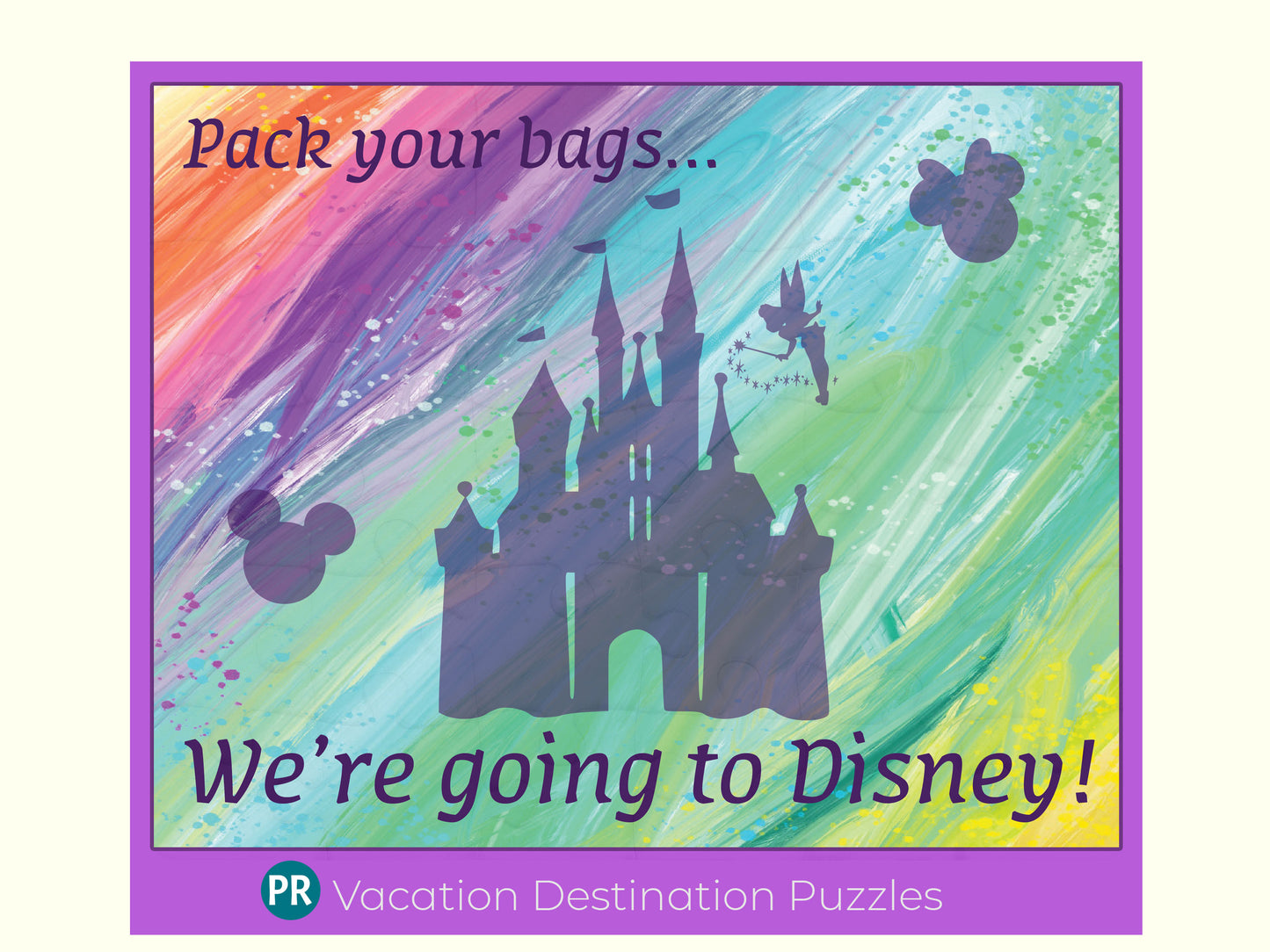 Full colored jigsaw puzzle with colorful background with Cinderella's  castle and Tinkerbell as decorations.