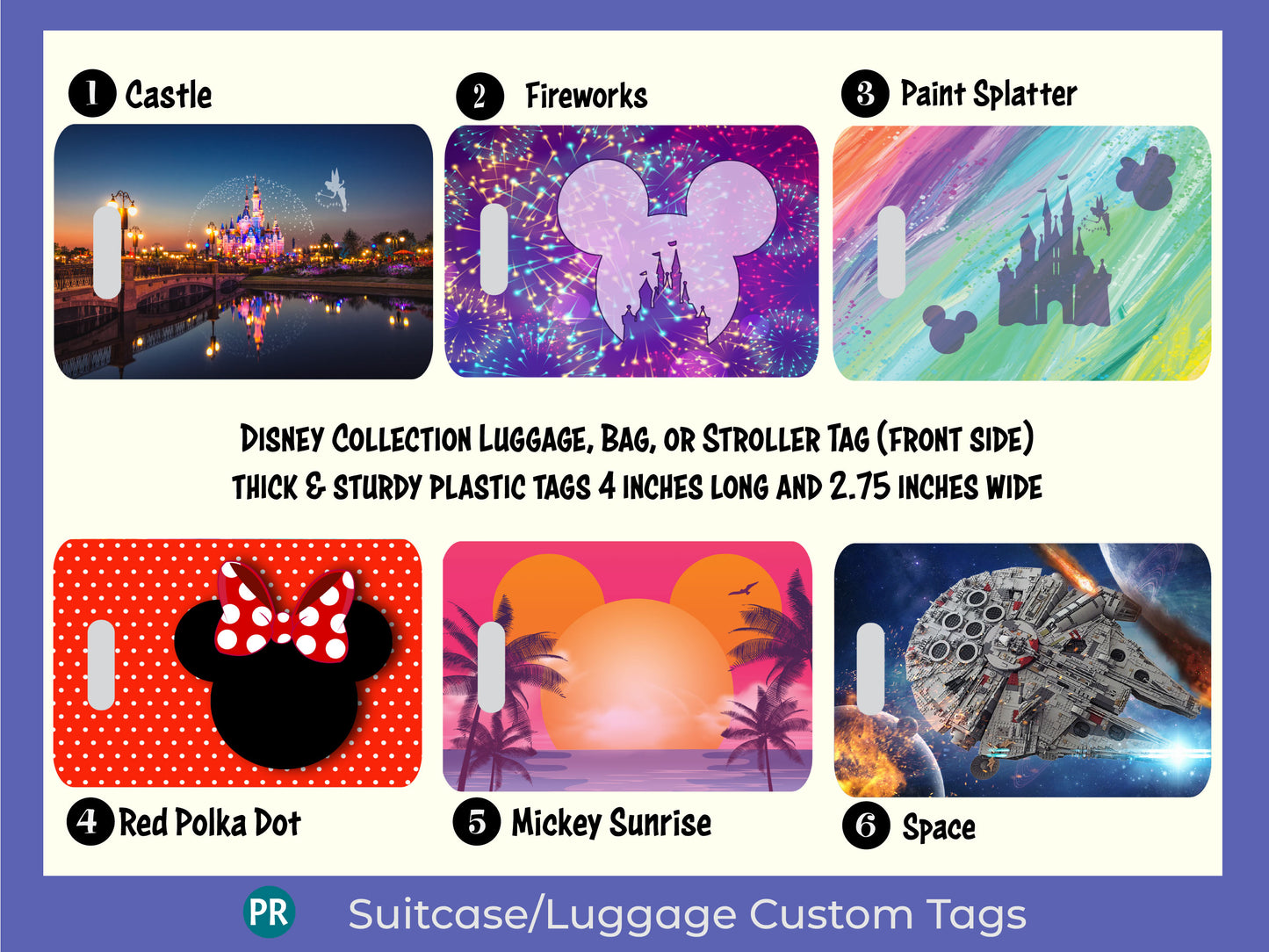 Personalized luggage tag with a Disney Park theme. Choices are Disney Castle, Fireworks, Paint Splatter, Minnie Red Polka Dots, Mickey Sunrise, and Space Star Wars. The back of the luggage tag has your information Name, address and phone number. Great gift for all!