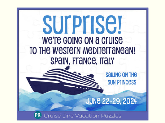 Ocean Liner Cruise ship vacation announcement. A 30 piece jigsaw puzzle with an ocean background and a cruise ship with destination and dates of travel.