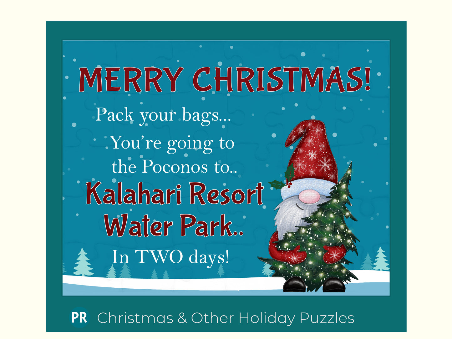 Christmas Destination Vacation Jigsaw Puzzle Reveal with Custom Message, Travel Air Sea Auto, Happy Gnome with Holiday Tree, Personalized Unique Gift