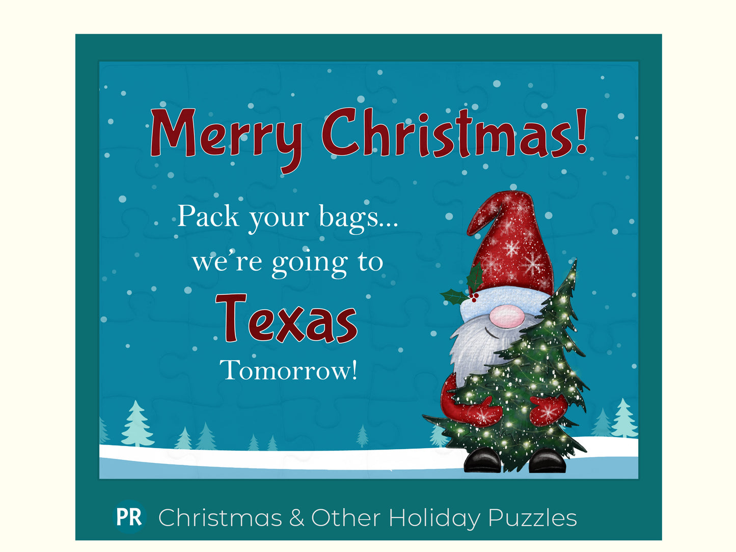 Christmas Destination Vacation Jigsaw Puzzle Reveal with Custom Message, Travel Air Sea Auto, Happy Gnome with Holiday Tree, Personalized Unique Gift