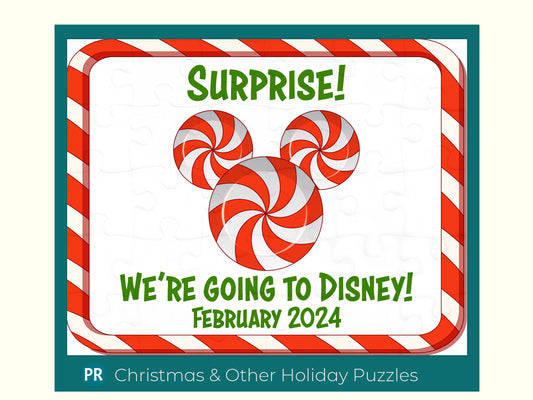 Going to Disney theme park for Christmas holidays with this 30 piece announcement jigsaw puzzle. Puzzle has a giant Mickey Mouse Peppermint Ornament in middle, Candy Cane Frame with a custom message for the person putting the puzzle together.
