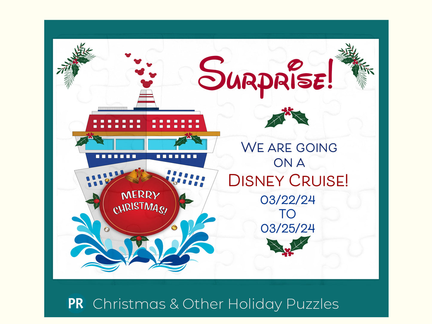 Christmas Holiday Disney Family Cruise Trip Reveal Puzzle with Custom Message! Sailing on the Wish, Dream, Wonder, Fantasy, Treasure, or Magic