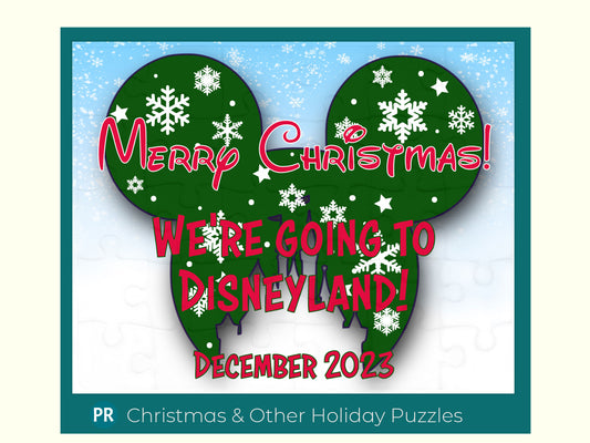 Going to Disney theme park for Christmas holidays with this 30 piece announcement jigsaw puzzle. Puzzle has a giant Mickey Mouse Green Ornament and snowflakes with a custom message for the person putting the puzzle together.