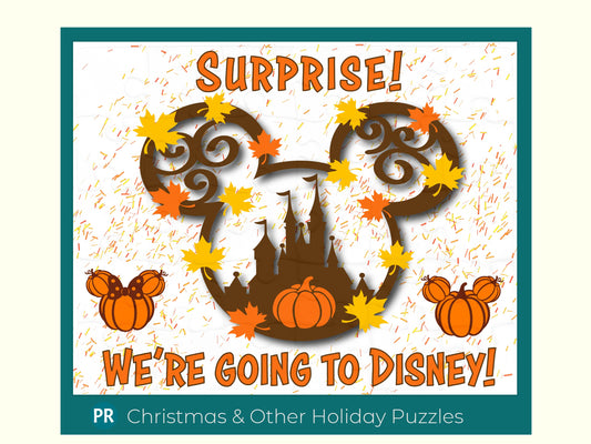 Going to Disney theme park for Thanksgiving holidays with this 30 piece announcement jigsaw puzzle. Puzzle has a giant Mickey Mouse wreath with Cinderella's Castle in the middle and a custom message for the person putting the puzzle together.