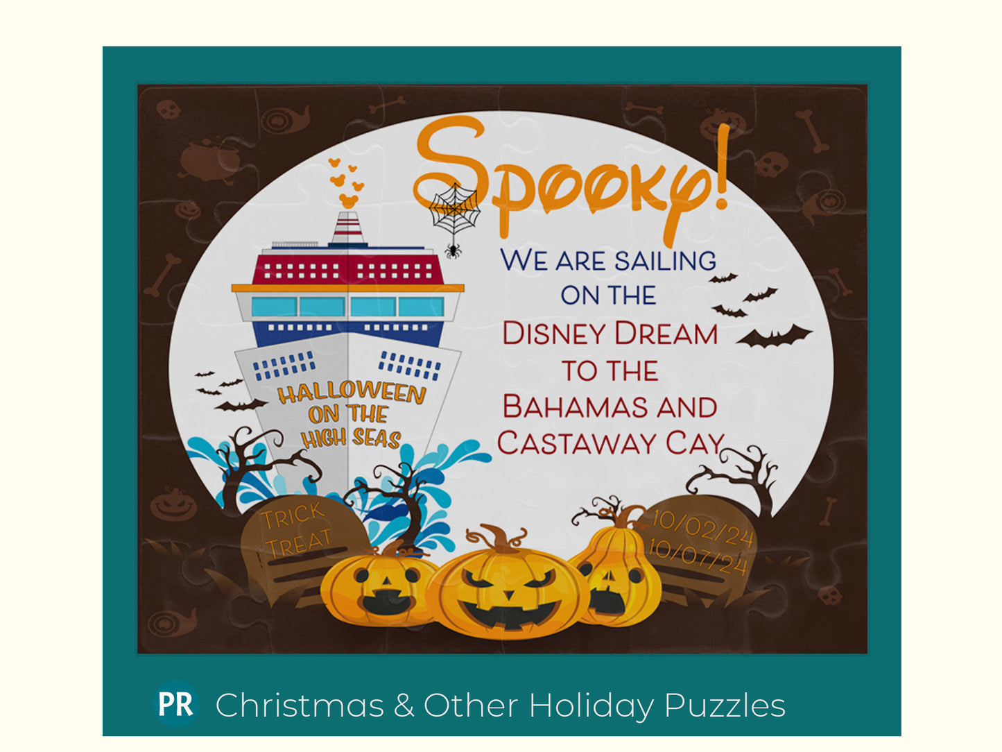 Disney Halloween Cruise Ship announcement jigsaw puzzle. This puzzle has a Halloween background with a Disney Cruise Ship titled Halloween On The Seas. Also on the puzzle is the vacation trip details and the date of cruise.