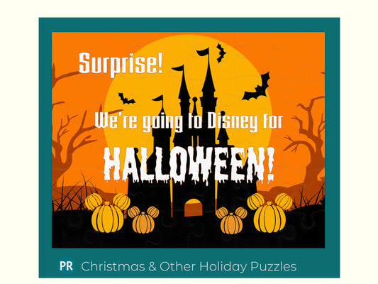 Halloween vacation announcement jigsaw puzzle. This puzzle has a haunted mansion with pumpkins shaped like Mickey Mouse head background. The puzzle also has a custom message with the vacation destination and travel dates.