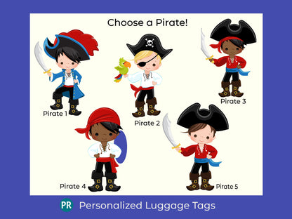 Luggage Tag for little kids with a Pirate Theme used on Suitcases, Backpacks, Diaper Bags, Travel Accessory, Personalized, Water Resistant