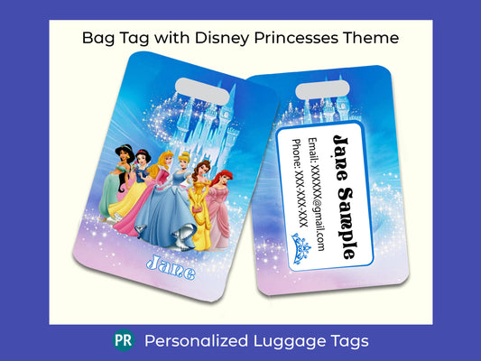Personalized luggage tag with a Disney Princess theme. Includes Cinderella, Snow White, Belle, Jasmine, Sleeping Beauty, and Ariel!  The back of the luggage tag has your information Name, address and phone number. Great gift for all!