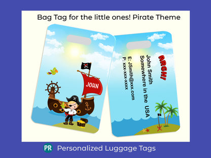 Personalized luggage tag with a Pirate theme for the little ones. You can choose 1 of 5 pirates with different hair color and skin tone. The back of the luggage tag has your information Name, address and phone number. Great gift for all!
