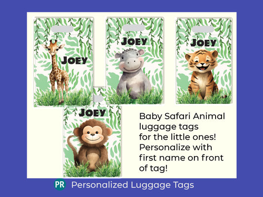 Personalized luggage tag with a Baby Safari Animal theme for the little ones. Choose between a Baby Giraffe, Hippo, Tiger or Monkey.. The back of the luggage tag has your information Name, address and phone number. Great gift for all!