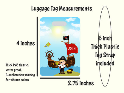 Luggage Tag for little kids with a Pirate Theme used on Suitcases, Backpacks, Diaper Bags, Travel Accessory, Personalized, Water Resistant