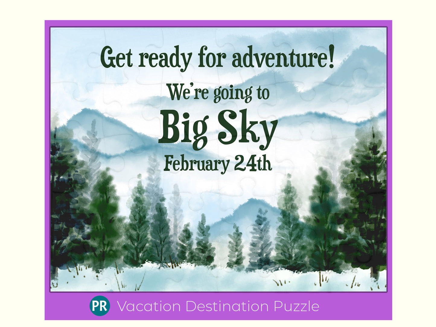 Winter Mountain Vacation Puzzle Reveal with Custom Message, Snow Ski Trip, Snowboarding, Hiking, Unique Personalized Gift