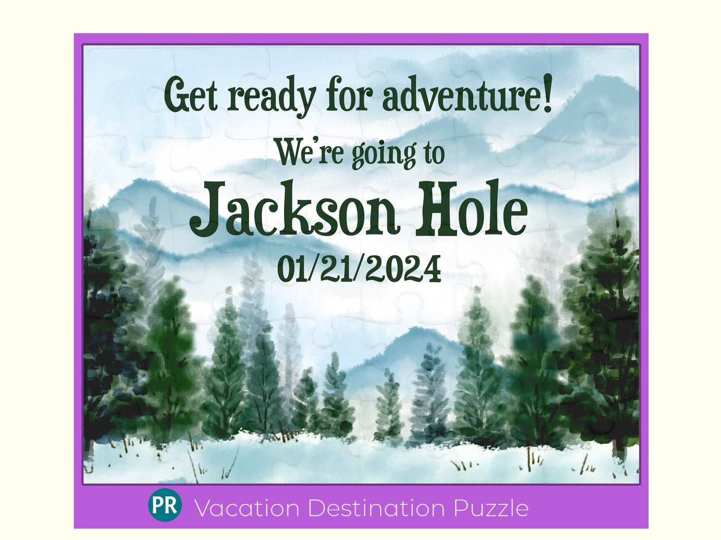 Winter Mountain Vacation Puzzle Reveal with Custom Message, Snow Ski Trip, Snowboarding, Hiking, Unique Personalized Gift