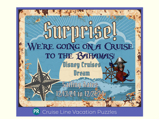 Cruise ship vacation announcement. This is a 30 piece jigsaw puzzle with a pirate theme. With ocean, islands, and parrot dressed as a captain of a ship. 