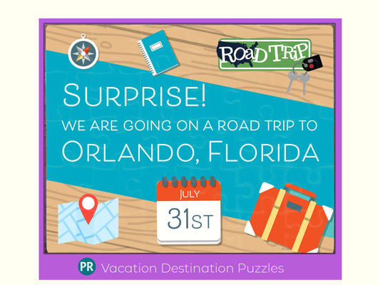 Road trip vacation announcement for family vacation. Jigsaw puzzle reveal with a custom message about the vacation. Puzzles image includes a map, calendar date of trip, car keys and suitcase.